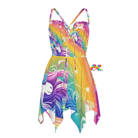 Whimsical Dreamscapes Fairy Rave Dress featuring an asymmetrical hem, ruffle top, and criss-cross straps, perfect for dancing at festivals or relaxing at the beach.