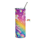 Dreamscapes Stainless Steel Tumbler with Unicorn Design and Metal Straw - 20 oz high-grade stainless steel tumbler with cylindrical shape, featuring a secure lid and metal straw. Perfect for hot or cold drinks, ideal gift for ravers and unicorn lovers.