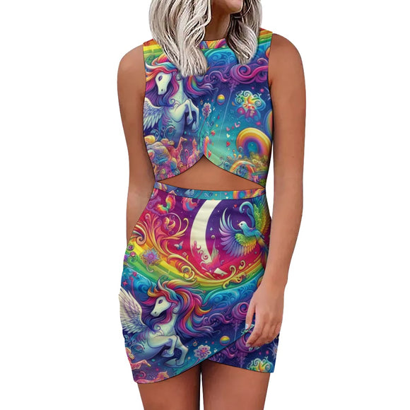 Rainbow Rider Rave Cut-Out Dress - Sleeveless crew neck dress in vibrant rainbow colors, perfect for raves and festivals. Features a slim fit silhouette with a navel-exposed cut-out design. Made of soft polyester-spandex blend fabric.