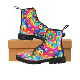 A pair of PLUR Smiles Women's Rave Boots featuring vibrant, colorful smiley faces against a black background, symbolizing the rave culture's ethos of Peace, Love, Unity, and Respect. These boots are designed for comfort and style, perfect for any festival-goer looking to make a bold statement.