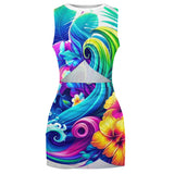 A vibrant Neon Tropic Hawaiian Cut-Out Rave Dress featuring a colorful tropical pattern, sleeveless crew neck design, and flattering cut-out details. The dress is made from a soft blend of 95% polyester and 5% spandex, offering a comfortable fit that's perfect for parties, raves, and beach outings.