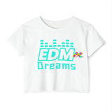 EDM Dreams Flowy Crop Top at Prism Raves: A soft, durable blend of polyester and cotton with a stylish, relaxed fit, raw-edge sleeves, and hems, perfect for festival enthusiasts and rave lovers.