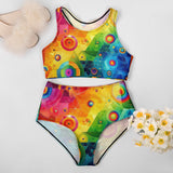 Pride Fusion High-Waist Racerback Bikini with rainbow pattern, perfect for LGBTQ summer festivals and raves, showcasing a supportive top and flattering high-waist bottoms for all body types.
