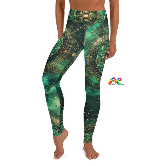 Emerald Cosmos Rave Yoga Leggings from Prism Raves, featuring a captivating cosmic design with deep emerald and space-themed patterns. Available in various sizes, these leggings are ideal for rave enthusiasts looking to make a statement. Complete the look with a matching top for a harmonious cosmic ensemble.