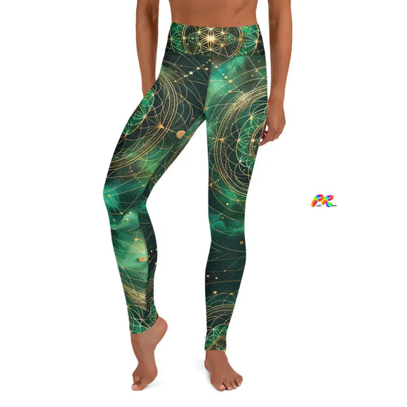 Emerald Cosmos Rave Yoga Leggings from Prism Raves, featuring a captivating cosmic design with deep emerald and space-themed patterns. Available in various sizes, these leggings are ideal for rave enthusiasts looking to make a statement. Complete the look with a matching top for a harmonious cosmic ensemble.