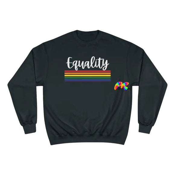black crew neck champion sweatshirt, equality written in cursive with rainbow stripes underneath, unisex, sizes small to 2XL