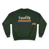 green crew neck champion sweatshirt with rainbow stripes, unisex, sizes small to 2XL