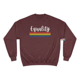 maroon crew neck champion sweatshirt with rainbow stripes, unisex, sizes small to 2XL