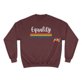 maroon crew neck champion sweatshirt with rainbow stripes, unisex, sizes small to 2XL