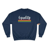 blue crew neck champion sweatshirt, equality written in cursive with rainbow stripes underneath, unisex, sizes small to 2XL