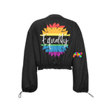 black cropped jacket, zip-up with a rainbow sunflower that says Equality in the middle, adjustable cuffs, comes in sizes xs to 3XL Equality Women's Chiffon Cropped Jacket - Cosplay Moon
