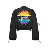 black cropped jacket, zip-up with a rainbow sunflower that says Equality in the middle, adjustable cuffs, comes in sizes xs to 3XL Equality Women's Chiffon Cropped Jacket - Cosplay Moon