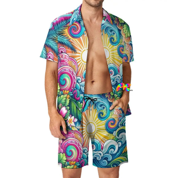 Euphoric Tides Men's Rave Swimwear Set on Prism Raves: Lightweight, Quick-Drying Peach Skin Fabric with Retro V-Neck Design and Comfortable Beach Shorts, Perfect for Festivals and Beach Days.