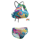 Euphoric Tides Rave Swimsuit on Prism Raves: A chic, supportive swimsuit with adjustable straps and a modern, Naruto-inspired red cloud pattern, blending comfort and unique style for festival enthusiasts.