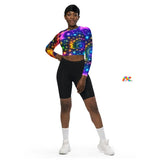 Workout Crop Tops, Winter, Vibrant Colors, For raves, gym, festival, matching workout sets, yoga top, crew neck, raglan sleeves sizes xs to 5XL, plus sizes Exotic Neon Long Sleeve Athletic Crop Top - Cosplay Moon