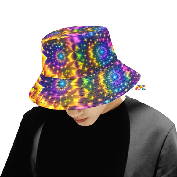 Exotic Neon Unisex Rave Bucket Hat:  Image: The Exotic Neon Unisex Rave Bucket Hat is displayed against a vibrant backdrop. The hat features a bold and colorful design that embodies the energy of raves and festivals. Its unique details, such as the upper running threads and round-shaped threads, stand out, making it a distinctive fashion accessory. The hat is showcased in a stylish and personalized way, perfectly complementing a festival-goer's vibrant and dynamic style. - cosplay moon