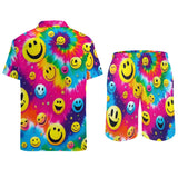 A PLUR Smiles Men's Rave Swim Set featuring a colorful, retro V-neck top and matching beach shorts, crafted from high-quality peach skin fabric. This vibrant and comfortable set is quick-drying, skin-friendly, breathable, and designed to fit loosely, making it perfect for men's rave wear or beach activities.
