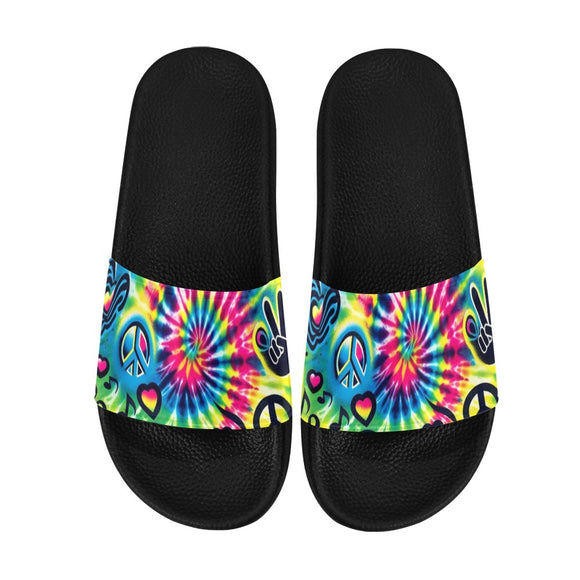 Colorful Happy Vibes Women's Rave Slide Sandals from Prism Raves, showcasing a bold, eye-catching design with psychedelic patterns in vibrant hues of pink, blue, green, and yellow for an ultimate comfortable and fashionable festival footwear choice.