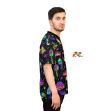 Football Jersey For Raves and FEstivals, black with mushroom pattern, v-neck with black trim, short sleeves, loose fit, sizes xs to 4XL Festival Jersey Fungi Dreamscape Unisex Rave Football Jersey - Cosplay Moon