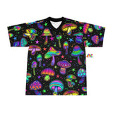 Football Jersey For Raves and FEstivals, black with mushroom pattern, v-neck with black trim, short sleeves, loose fit, sizes xs to 4XL Festival Jersey Fungi Dreamscape Unisex Rave Football Jersey - Cosplay Moon