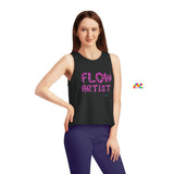 black flow artist apparel, hula hoop clothing, crew neck sleeveless crop top that is flowy iwht flow artist written in pink animal print with a heart on back with animal print pattern Sizes extra small to extra large Sleeveless Women's Dancer Cropped Shirt with Flow Artist and Heart in Leopard Prints - Cosplay Moon