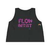 flow artist apparel, hula hoop clothing, crew neck sleeveless crop top that is flowy iwht flow artist written in pink animal print with a heart on back with animal print pattern Sizes extra small to extra large Sleeveless Women's Dancer Cropped Shirt with Flow Artist and Heart in Leopard Prints - Cosplay Moon
