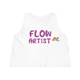white flow artist apparel, hula hoop clothing, crew neck sleeveless crop top that is flowy iwht flow artist written in pink animal print with a heart on back with animal print pattern Sizes extra small to extra large Sleeveless Women's Dancer Cropped Shirt with Flow Artist and Heart in Leopard Prints - Cosplay Moon