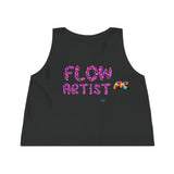 flow artist apparel, hula hoop clothing, crew neck sleeveless crop top that is flowy iwht flow artist written in pink animal print with a heart on back with animal print pattern Sizes extra small to extra large Sleeveless Women's Dancer Cropped Shirt with Flow Artist and Heart in Leopard Prints - Cosplay Moon