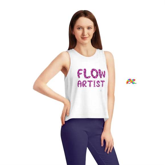 flow artist apparel, hula hoop clothing, crew neck sleeveless crop top that is flowy iwht flow artist written in pink animal print with a heart on back with animal print pattern  Sizes extra small to extra large  Sleeveless Women's Dancer Cropped Shirt with Flow Artist and Heart in Leopard Prints - Cosplay Moon