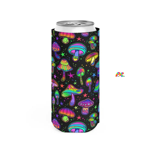 rave gifts, can koozie, black with mushroom pattern Fungi Dreamscape Energy Drink Can Cooler - Cosplay Moon