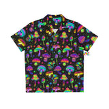 men's rave shirt, hawaiian shirts for men, black with mushroom pattern in vibrant colors, Fungi Dreamscape Hawaiian Shirt - Cosplay Moon