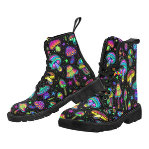rave boots, doc marten style canvas lace-up boots, black with mushroom pattern and pull tab with black soles, sizes 5.5 to 12 for women Fungi Dreamscape Rave Boots - Cosplay Moon