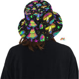 Fungi Dreamscape Rave Bucket Hat, black background with colorful mushrooms and stars - Cosplay Moon