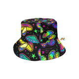 Fungi Dreamscape Rave Bucket Hat, black background with colorful mushrooms and stars - Cosplay Moon