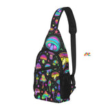Rave and festival chest bags and accessories, three utility pockets, adjustable shoulder strap, black background with mushroom pattern Fungi Dreamscape Rave Chest Bag - Cosplay Moon