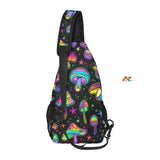 Rave and festival chest bags and accessories, three utility pockets, adjustable shoulder strap, black background with mushroom pattern Fungi Dreamscape Rave Chest Bag - Cosplay Moon