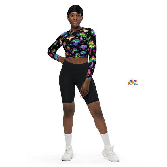 fitted crop top, long sleeves, women, mushroom pattern, black, crew neck, raglan sleeves, sizes xs to 5XL with matching leggings for raves, festival, and gym - cosplay moon