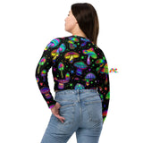 fitted crop top, long sleeves, women, mushroom pattern, black, crew neck, raglan sleeves, sizes xs to 5XL with matching leggings for raves, festival, and gym - cosplay moon