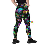 rave outfits, high-waist workout outfits, for raves and festivals, black with mushroom pattern, two pockets, sizes xs to 5XL, matching rave outfits, matching workout sets, yoga outfits - cosplay moon
