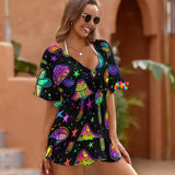 Mystical Fungi Dreamscape Swim Cover-Up, perfect for beach or pool, available in multiple sizes with matching swimsuit, shoes, bags, and hat featuring enchanting mushroom designs on flowy chiffon fabric, ideal for rave and festival ensembles, available at Prism Raves.