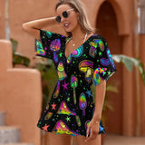 Mystical Fungi Dreamscape Swim Cover-Up, perfect for beach or pool, available in multiple sizes with matching swimsuit, shoes, bags, and hat featuring enchanting mushroom designs on flowy chiffon fabric, ideal for rave and festival ensembles, available at Prism Raves.