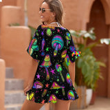 Mystical Fungi Dreamscape Swim Cover-Up, perfect for beach or pool, available in multiple sizes with matching swimsuit, shoes, bags, and hat featuring enchanting mushroom designs on flowy chiffon fabric, ideal for rave and festival ensembles, available at Prism Raves.