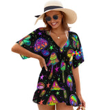 Mystical Fungi Dreamscape Swim Cover-Up, perfect for beach or pool, available in multiple sizes with matching swimsuit, shoes, bags, and hat featuring enchanting mushroom designs on flowy chiffon fabric, ideal for rave and festival ensembles, available at Prism Raves.