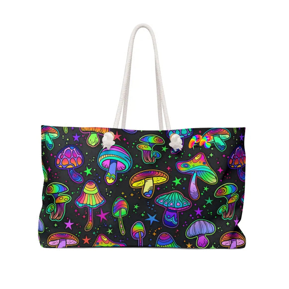 Weekender bag for raves and festivals, t-bottom, rope handles, polyester, black, mushroom pattern, lined, 24x13 Fungi Dreamscape Weekender Bag - Cosplay Moon