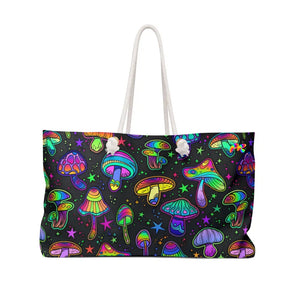 Weekender bag for raves and festivals, t-bottom, rope handles, polyester, black, mushroom pattern, lined, 24x13 Fungi Dreamscape Weekender Bag - Cosplay Moon