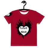 Kids short sleeve crew neck shirt, red with a firey heart that says future raver on front and on right sleeve, comes in sizes 2T to 7 - Cosplay Moon