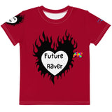 Kids short sleeve crew neck shirt, red with a firey heart that says future raver on front and on right sleeve, comes in sizes 2T to 7 - Cosplay Moon