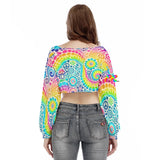 A vibrant and colorful Garden Long Sleeve Rave Crop Top featuring a psychedelic rainbow pattern. This stylish top is designed with loose, flowing long sleeves, perfect for making a bold statement at any rave or festival.