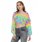 A vibrant and colorful Garden Long Sleeve Rave Crop Top featuring a psychedelic rainbow pattern. This stylish top is designed with loose, flowing long sleeves, perfect for making a bold statement at any rave or festival.