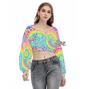 A vibrant and colorful Garden Long Sleeve Rave Crop Top featuring a psychedelic rainbow pattern. This stylish top is designed with loose, flowing long sleeves, perfect for making a bold statement at any rave or festival. Xs / White